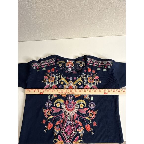 Johnny Was Ioana Thermal Long Sleeve Top Embroidered Waffle Boho Navy Sz M - Picture 8 of 11